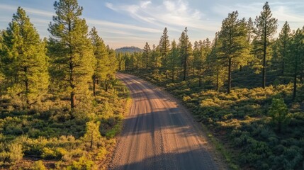 Gravel road winding through a sunlit pine forest with shadows cast on the ground creating a tranquil and scenic outdoor atmosphere