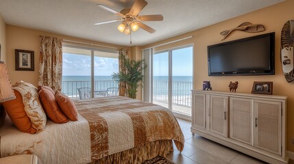 Oceanfront bedroom with king bed, TV, and balcony access.