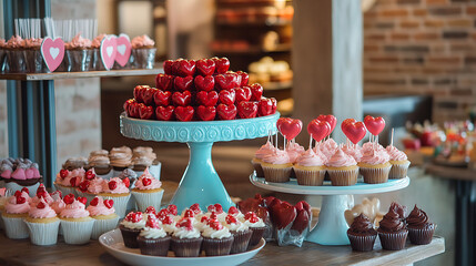 whimsical dessert table featuring heart shaped cupcakes and treats