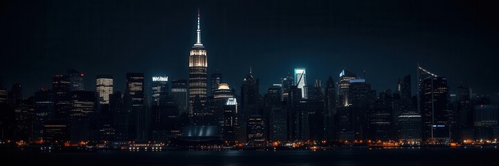 Naklejka premium Dazzling Manhattan skyline illuminated against the dark night sky, skyscrapers, downtown, urban