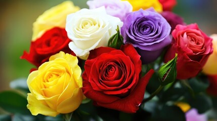 Obraz premium Vibrant assortment of multicolored roses showcasing red, white, yellow, purple hues in a lush flowerbed exuding delightful fragrances.