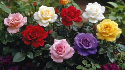 Naklejka premium Colorful variety of roses blooming in a lush flowerbed showcasing vibrant shades of red, white, yellow, purple, and pink with rich fragrance.