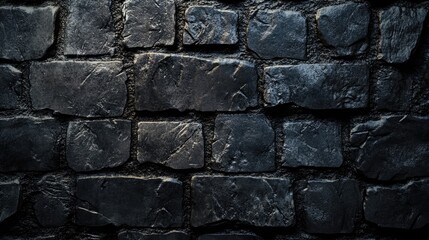 Textured stone wall background suitable for architectural design or rustic decor showcasing dark, weathered stones in closeup detail.