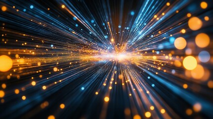 Obraz premium A vibrant abstract image showcasing dynamic lines and glowing orbs in blue and orange, creating a sense of speed and energy.
