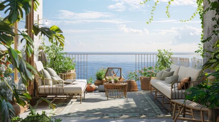 Fototapeta premium Ultra detailed balcony with a panoramic sea view, featuring a cozy seating area