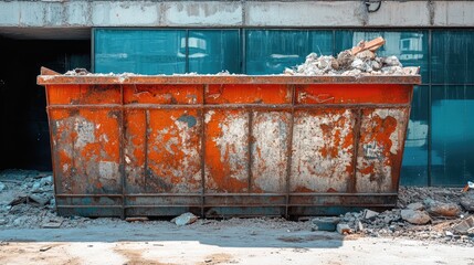 Fototapeta premium Container for construction debris during building renovation with rubble in front of partially demolished structure and clear blue reflection.