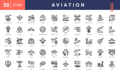  Aviation icon set with aircraft maintenance, aerial Imaging, airplane accident, flight and education.