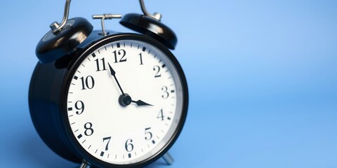 Black vintage alarm clock on a light blue background showcasing time concept
