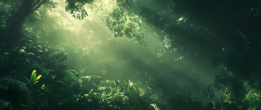 Brilliant sunlight filtering through a lush green forest