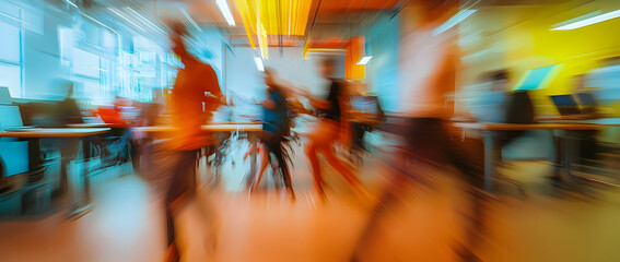 Busy coworking office with motion blur and dynamic activity