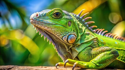 Obraz premium Vibrant green iguana basking in the sun, reptile, lizard, Iguana iguana, wildlife, exotic, tropical, colorful