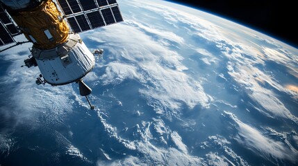 A satellite orbiting Earth, showcasing clouds and the curvature of the planet.
