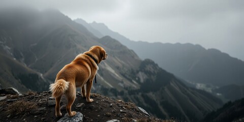 Dog stands on rocky peak, overlooking misty mountain vista under cloudy skies
