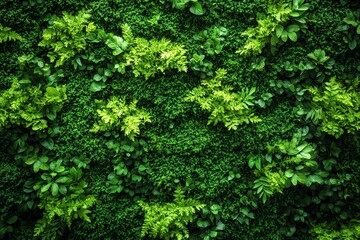 Obraz premium A close-up of a green wall, featuring a variety of ferns and small green leaves, creating a natural and textured surface.