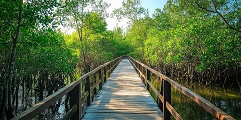 Obraz premium Explore nature trails through vibrant mangroves, where the rich biodiversity thrives. Discover the beauty of nature trails as you immerse yourself in the serene mangroves and their unique ecosystem.