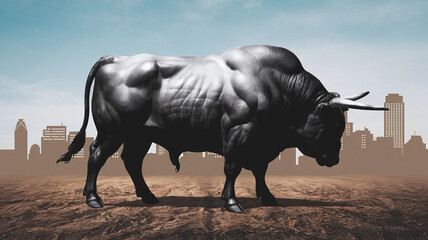 A silhouette of a bull, symbolizing the decline of the economy and the uncertainty of the future. 