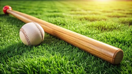 Wooden baseball bat on a grass field, sports, equipment, wooden, baseball, game, competition, hitting, outdoor, recreation, American
