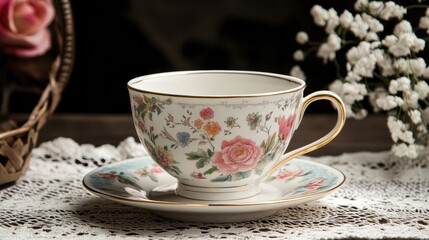 Fototapeta premium A modern teacup with a sleek design, paired with a simple saucer, styled on a marble tabletop 