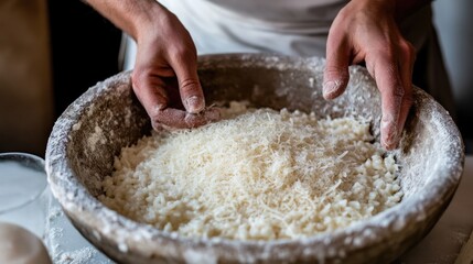 Fototapeta premium Hands Preparing Fresh Cheese and Grated Ingredients in Kitchen