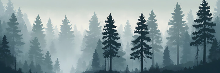 Obraz premium Pine forest wallpaper with towering pine trees and a misty atmosphere, capturing a sense of calm and mystery perfect for nature-themed interiors.