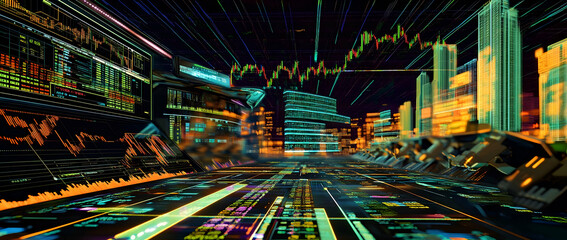 A vivid stock market scene with a digital graph showcasing trading trends and financial analysis