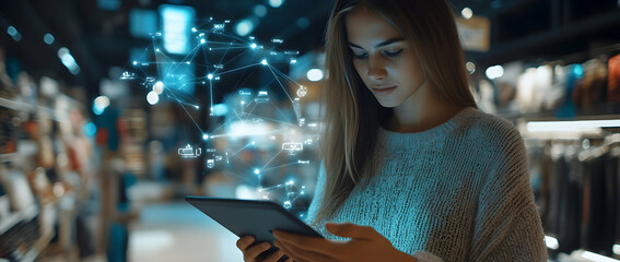 A woman engaging in online shopping with a tablet, featuring holographic digital icons of global network connections