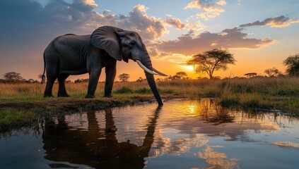Obraz premium Elephant Drinking at Sunset in the African Savanna