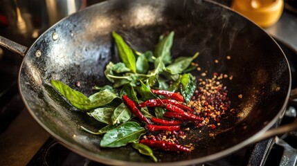 Fresh Green and Red Chili Peppers Cooking in a Wok with Herbs