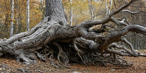 Fallen tree roots exposed, showcasing a tree that has been uprooted and lies on the ground. This fallen tree reveals intricate tree root structures beneath the surface.