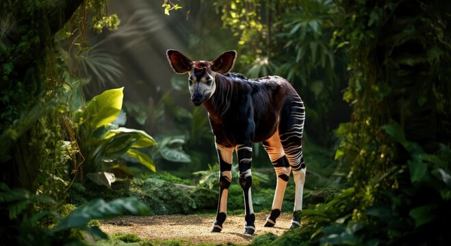Okapi in lush greenery of dense tropical forest - Powered by Adobe