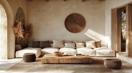 Beige sofa wooden coffee table and rattan decorator