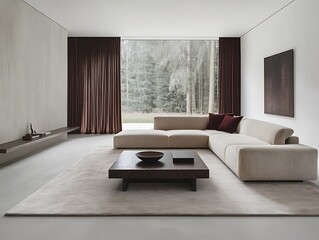 Fototapeta premium Modern Beige Sectional Sofa, Wooden Coffee Table, Minimalist Living Room