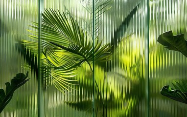 Tropical plants behind reeded glass visual effect texture. Abstract botanical blurred background with stripes, lines. Contemporary aesthetics, translucent surface, modern interior design, de focused