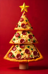 Christmas tree poster in the shape of a pizza with delicious cheese and olives on a red background. Special offers for Italian pizza delivery