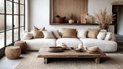 Beige sofa wooden coffee table and rattan decorator