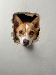 A curious dog peeks through a hole in a large white wall.