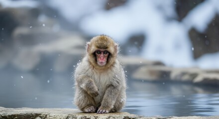 Obraz premium Japanese snow monkey in winter habitat near hot spring pool