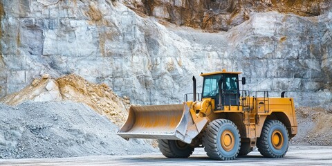 Front end loader positioned beside stone crushing machinery in a limestone quarry, showcasing the panorama of quarry mining equipment and operations. A glimpse of quarry mining efficiency.