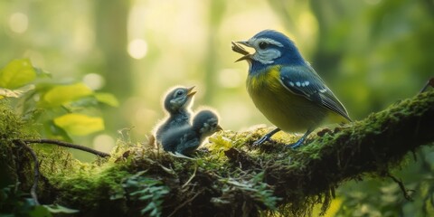 Fototapeta premium Female blue tit nurturing her baby fledgling on a branch in the forest, showcasing the tender moment of a blue tit feeding her young in their natural environment.