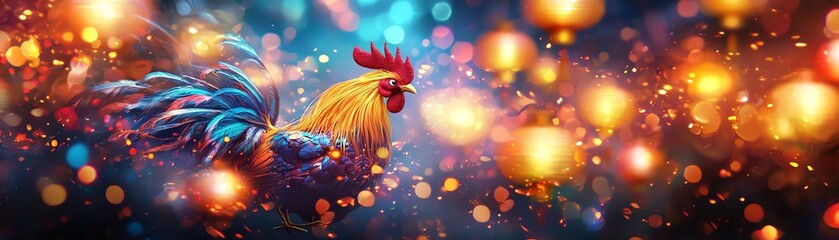 Fototapeta premium A vibrant rooster against a colorful bokeh background, showcasing its brilliant feathers and proud stance, capturing the essence of nature and beauty in an artistic manner.