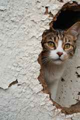 A curious cat peeks through a hole in a large white wall.