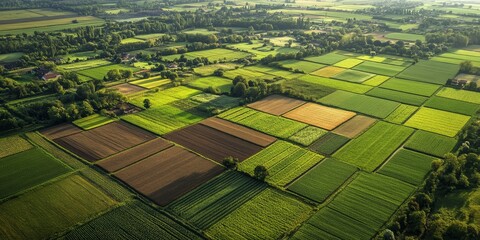 Aerial perspective of a farm captured from an airplane window, showcasing vibrant agricultural fields and landscapes typical of a farm in a picturesque setting. Enjoy this bird s eye view of a farm.