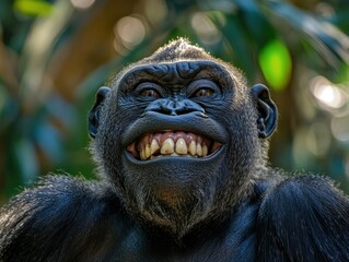  Closeup of funny big silver back gorilla ape primate monkey smiling face portrait looking at the camera.