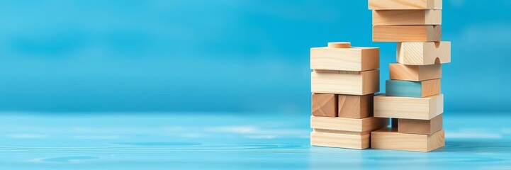 Tower made of wooden jenga blocks on blue background, close-up shot, jenga, blocks