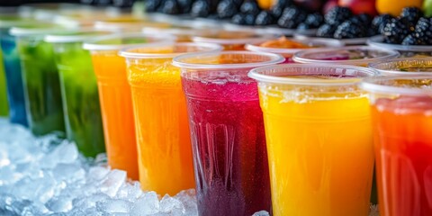 Variety of fruit juices served in plastic glasses, preserved in ice, ready for sale at a vibrant market, showcasing an array of colorful fruit juices for refreshment and enjoyment.