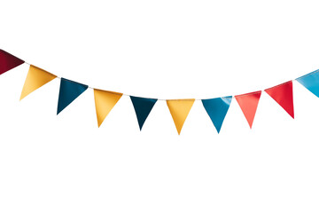 Obraz premium Colorful triangular flags in red, yellow, and blue hanging for a celebration isolated on transparent background.