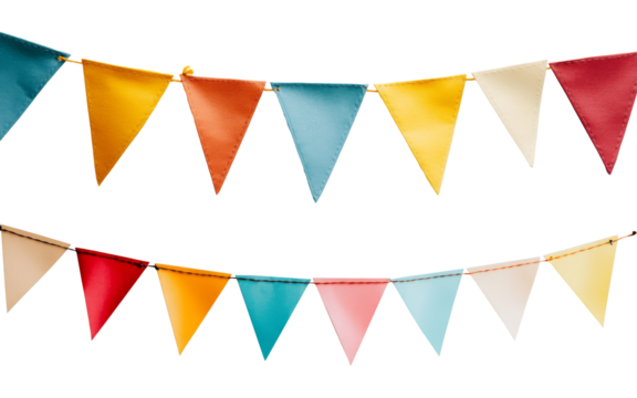 Colorful triangular flags strung on a string for celebration isolated on transparent background.