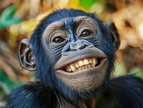  Closeup of funny big silver back gorilla ape primate monkey smiling face portrait looking at the camera.