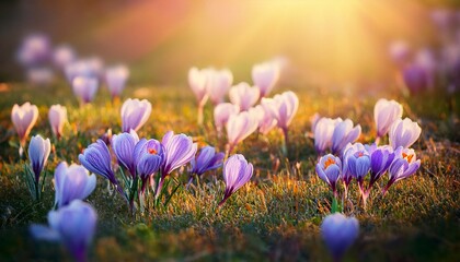 Spring Crocus Flowers - rocus Blossoms On Grass With Sunlight
