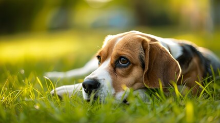 A relaxed beagle lying on green grass during a sunny day, cute wallpaper photography for dog lovers